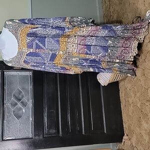 #28 NWT DAVI & DANI Blue and Gold Long Sleeve Boho Dress Pockets Women Size 3XL